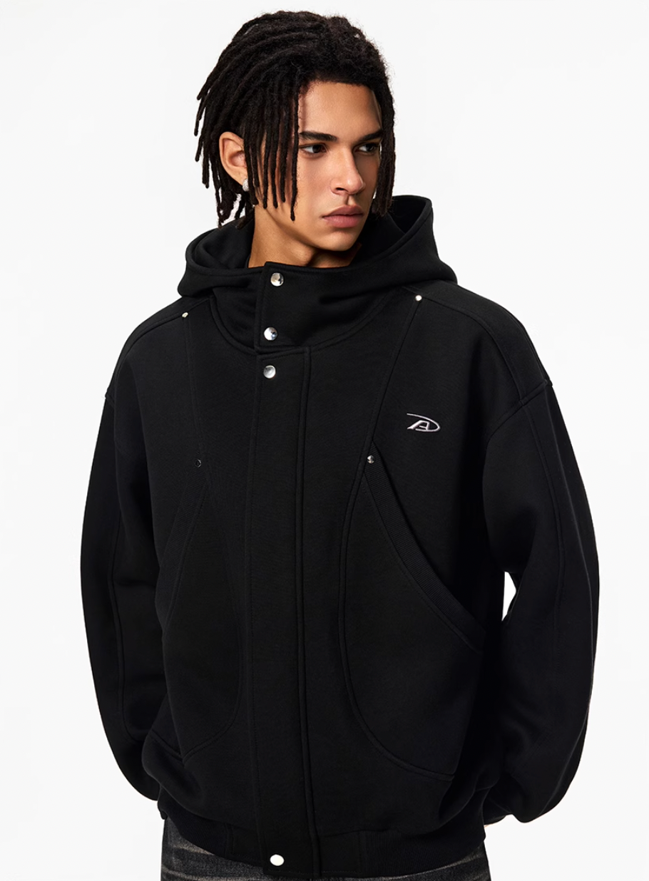 Achock Snap Button Wind Flap Zip Up Hooded Jacket