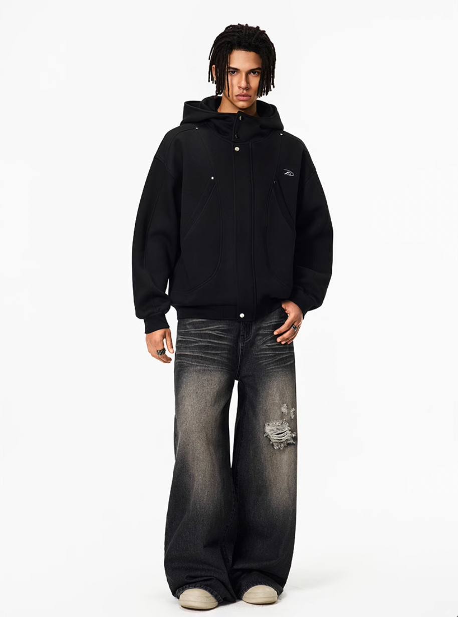 Achock Snap Button Wind Flap Zip Up Hooded Jacket