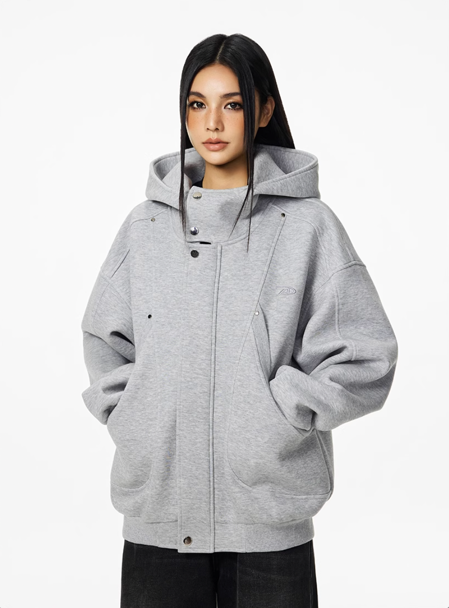 Achock Snap Button Wind Flap Zip Up Hooded Jacket