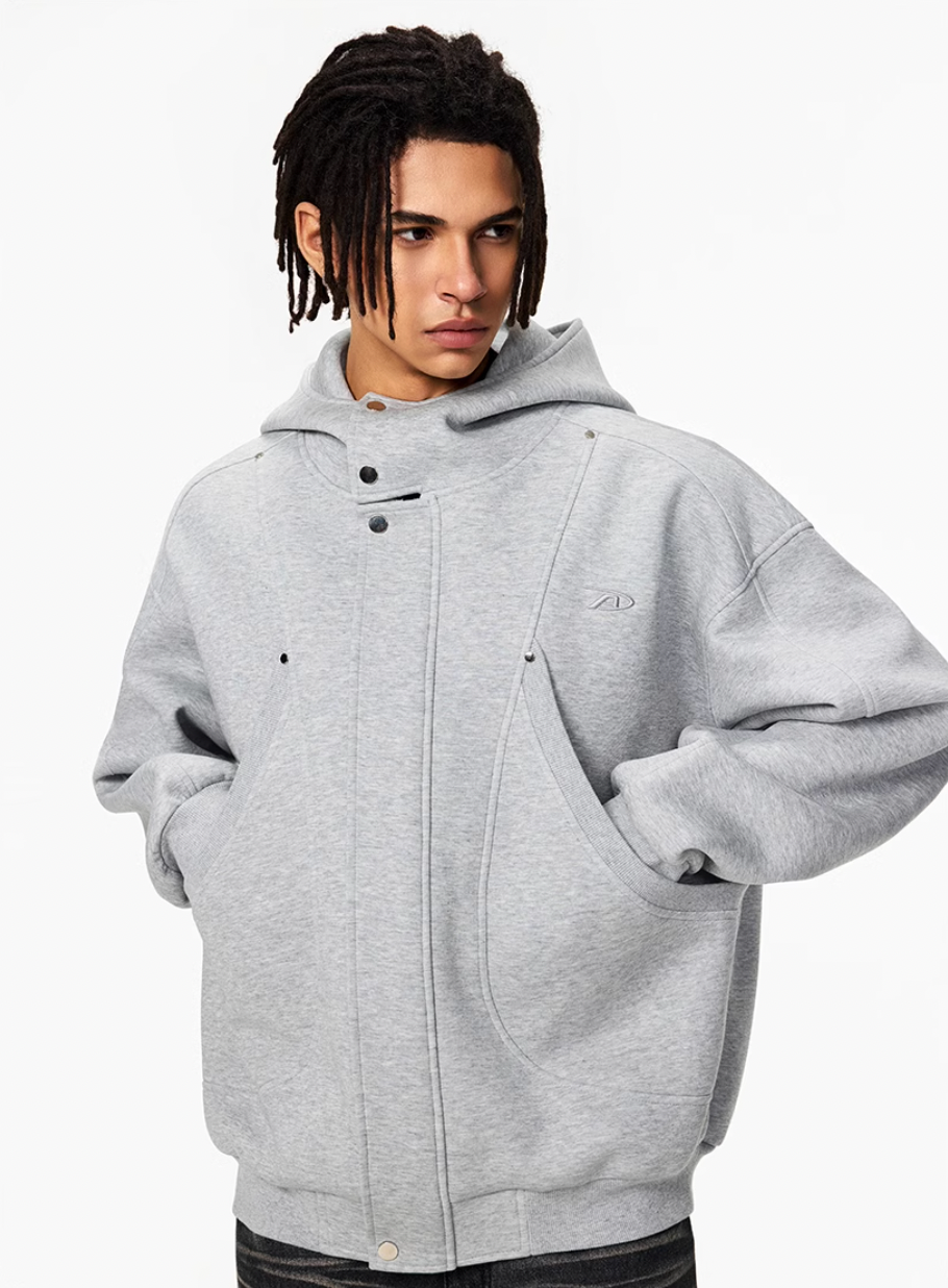 Achock Snap Button Wind Flap Zip Up Hooded Jacket