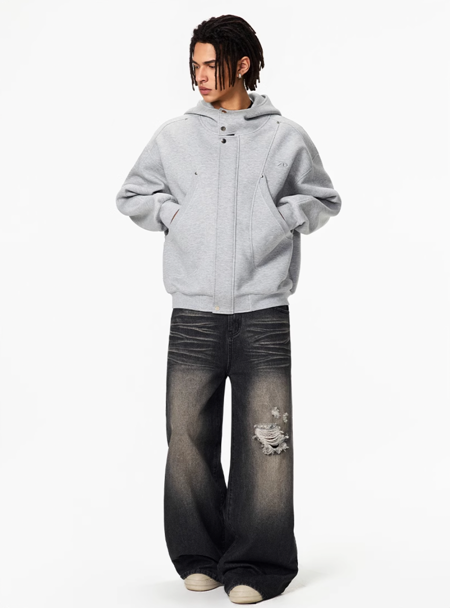 Achock Snap Button Wind Flap Zip Up Hooded Jacket