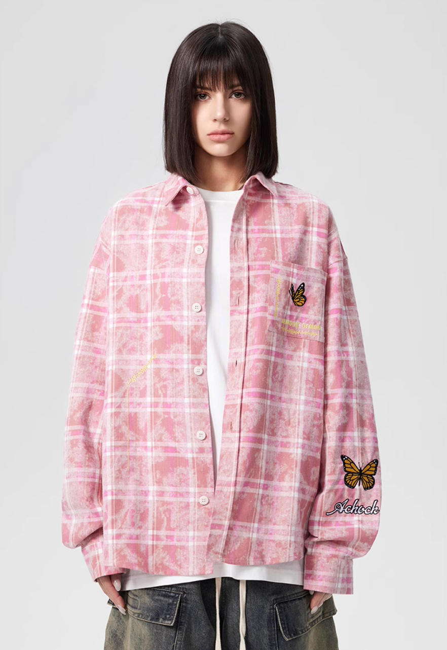 Achock Washed Plaid Butterfly Embroidery Long Sleeved Shirt
