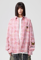 Achock Washed Plaid Butterfly Embroidery Long Sleeved Shirt