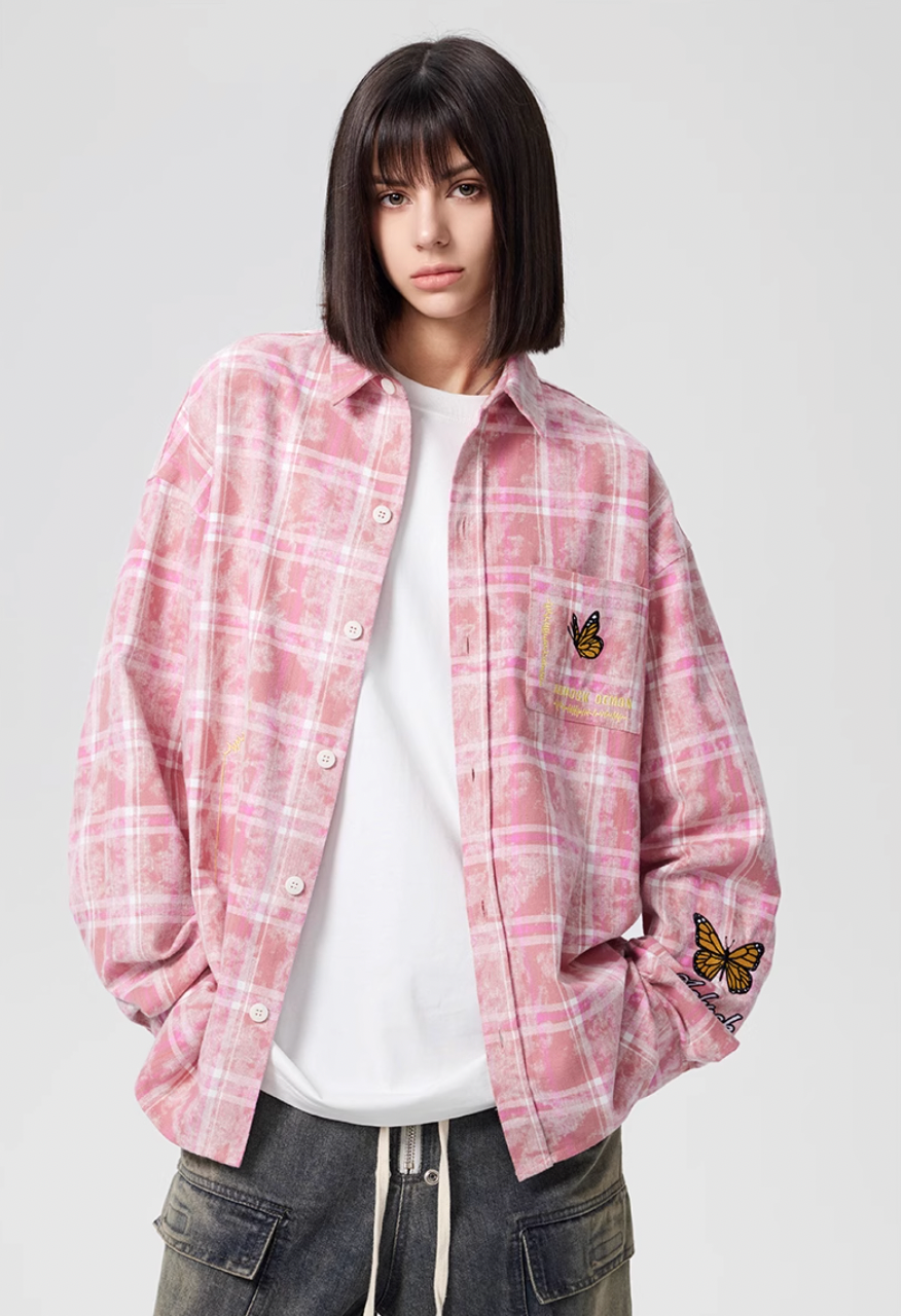 Achock Washed Plaid Butterfly Embroidery Long Sleeved Shirt