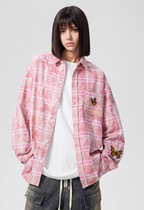 Achock Washed Plaid Butterfly Embroidery Long Sleeved Shirt