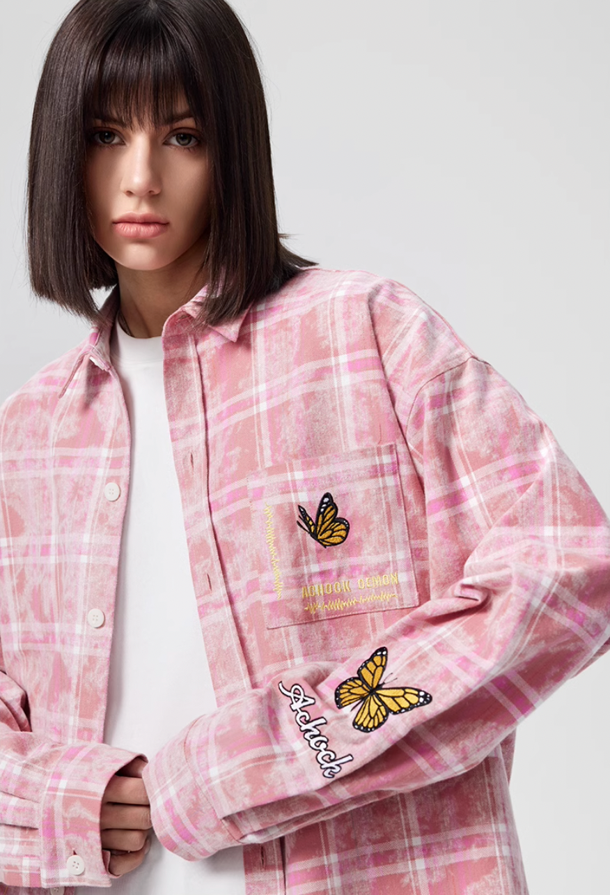 Achock Washed Plaid Butterfly Embroidery Long Sleeved Shirt