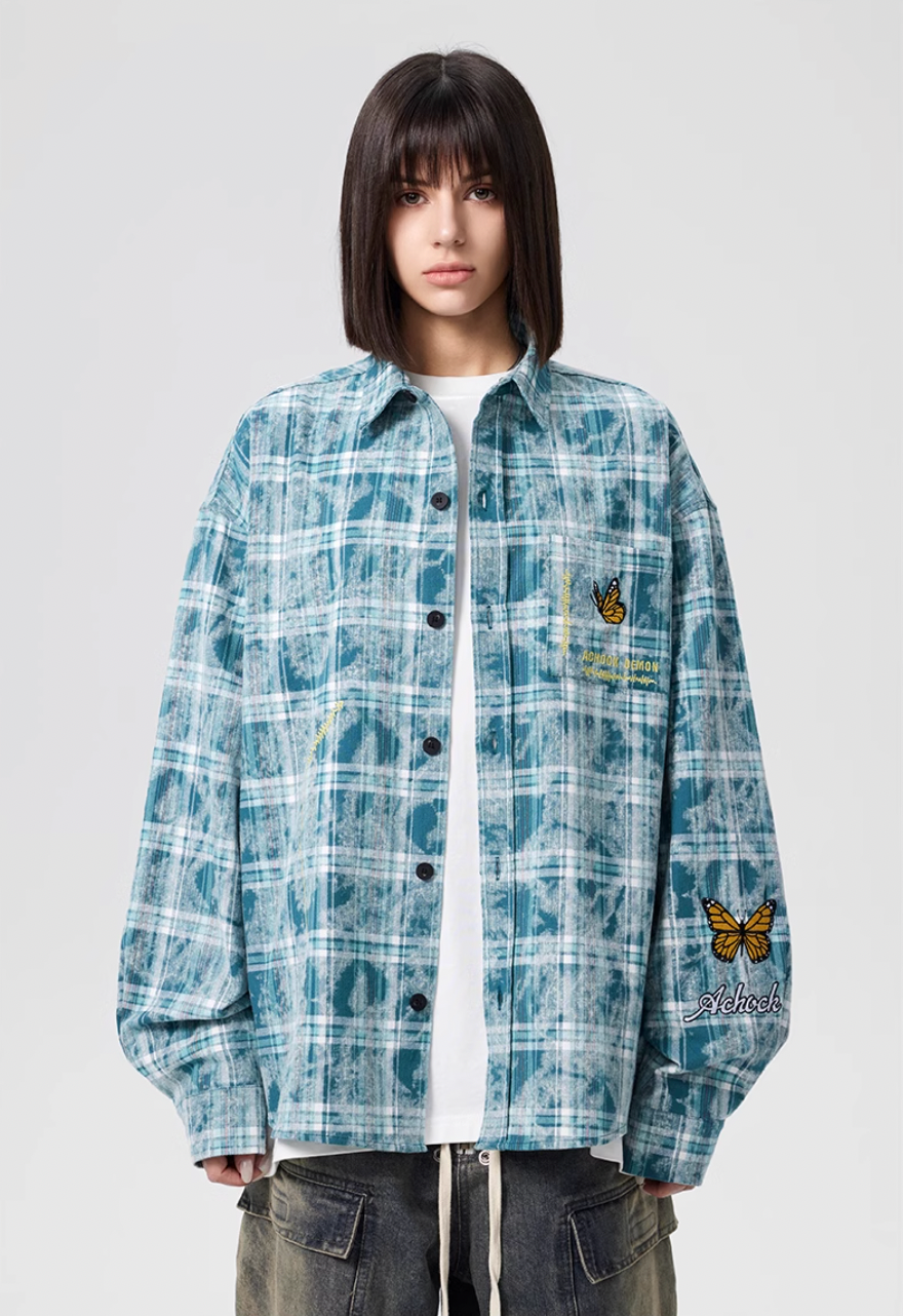 Achock Washed Plaid Butterfly Embroidery Long Sleeved Shirt