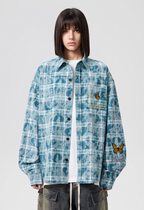 Achock Washed Plaid Butterfly Embroidery Long Sleeved Shirt