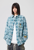 Achock Washed Plaid Butterfly Embroidery Long Sleeved Shirt