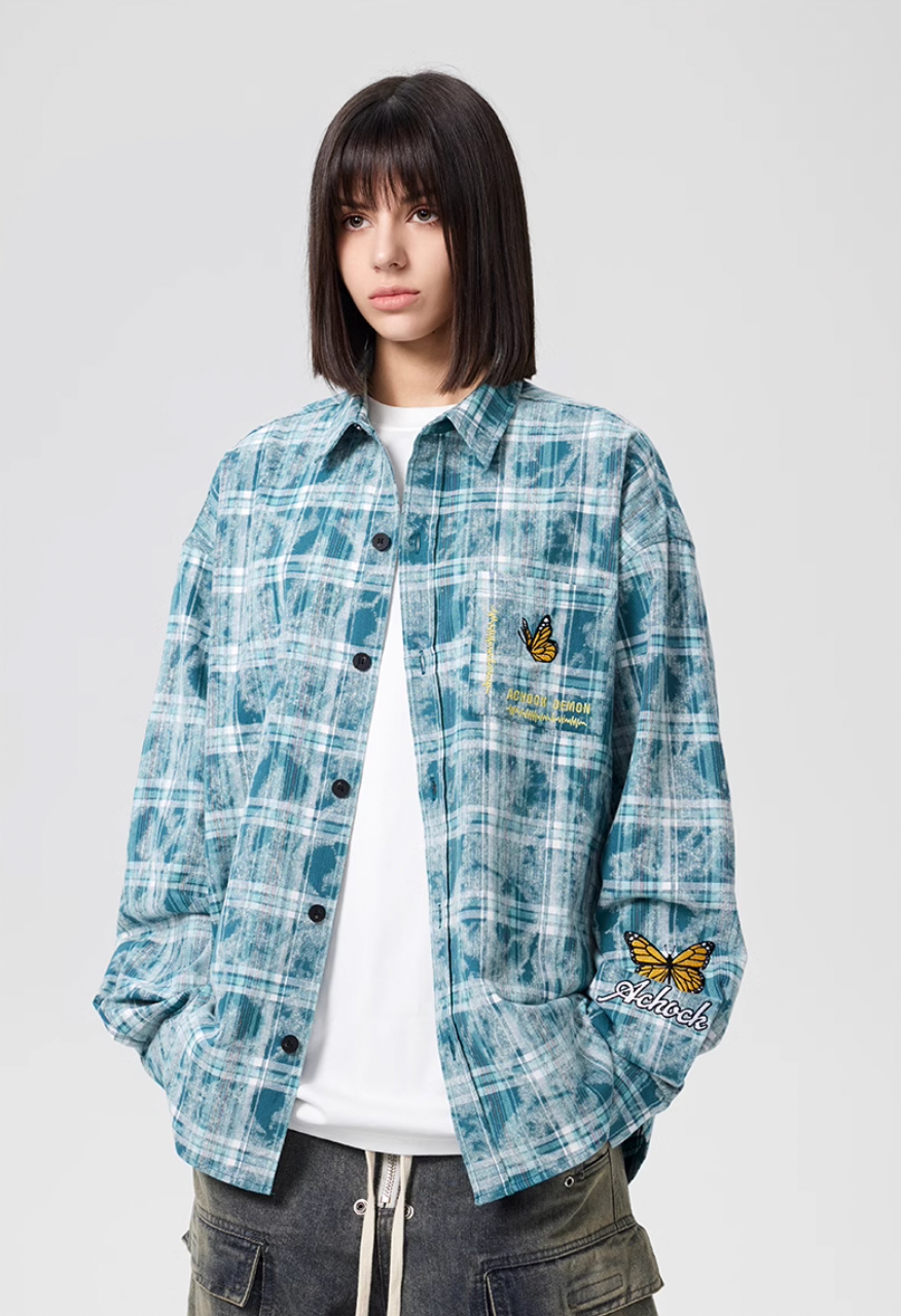 Achock Washed Plaid Butterfly Embroidery Long Sleeved Shirt