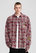 Achock Washed Plaid Butterfly Embroidery Long Sleeved Shirt