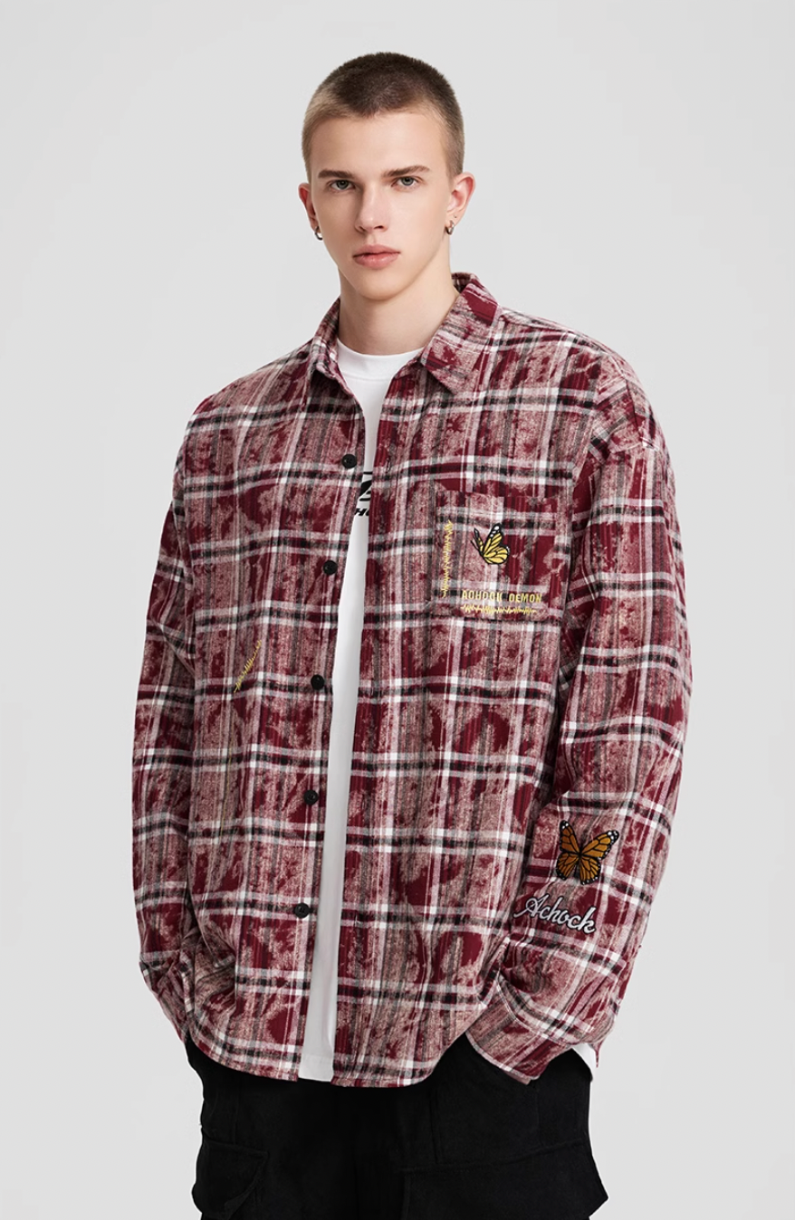 Achock Washed Plaid Butterfly Embroidery Long Sleeved Shirt