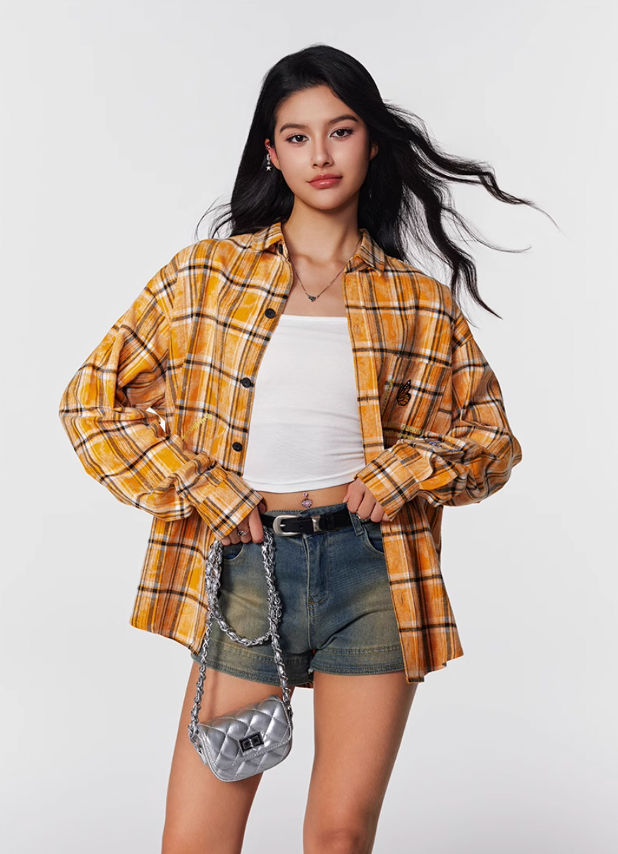 Achock Washed Plaid Butterfly Embroidery Long Sleeved Shirt