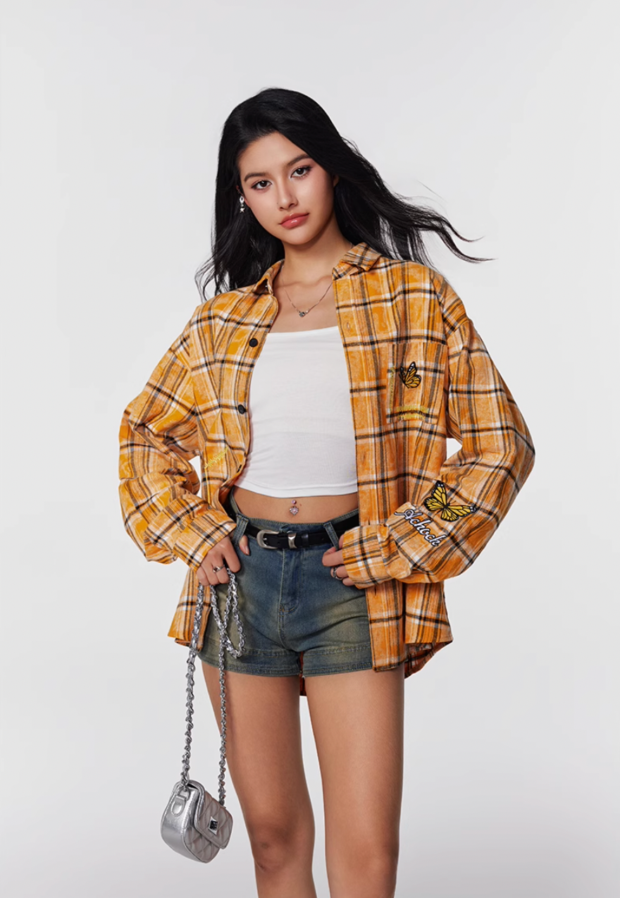 Achock Washed Plaid Butterfly Embroidery Long Sleeved Shirt