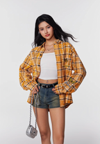 Achock Washed Plaid Butterfly Embroidery Long Sleeved Shirt