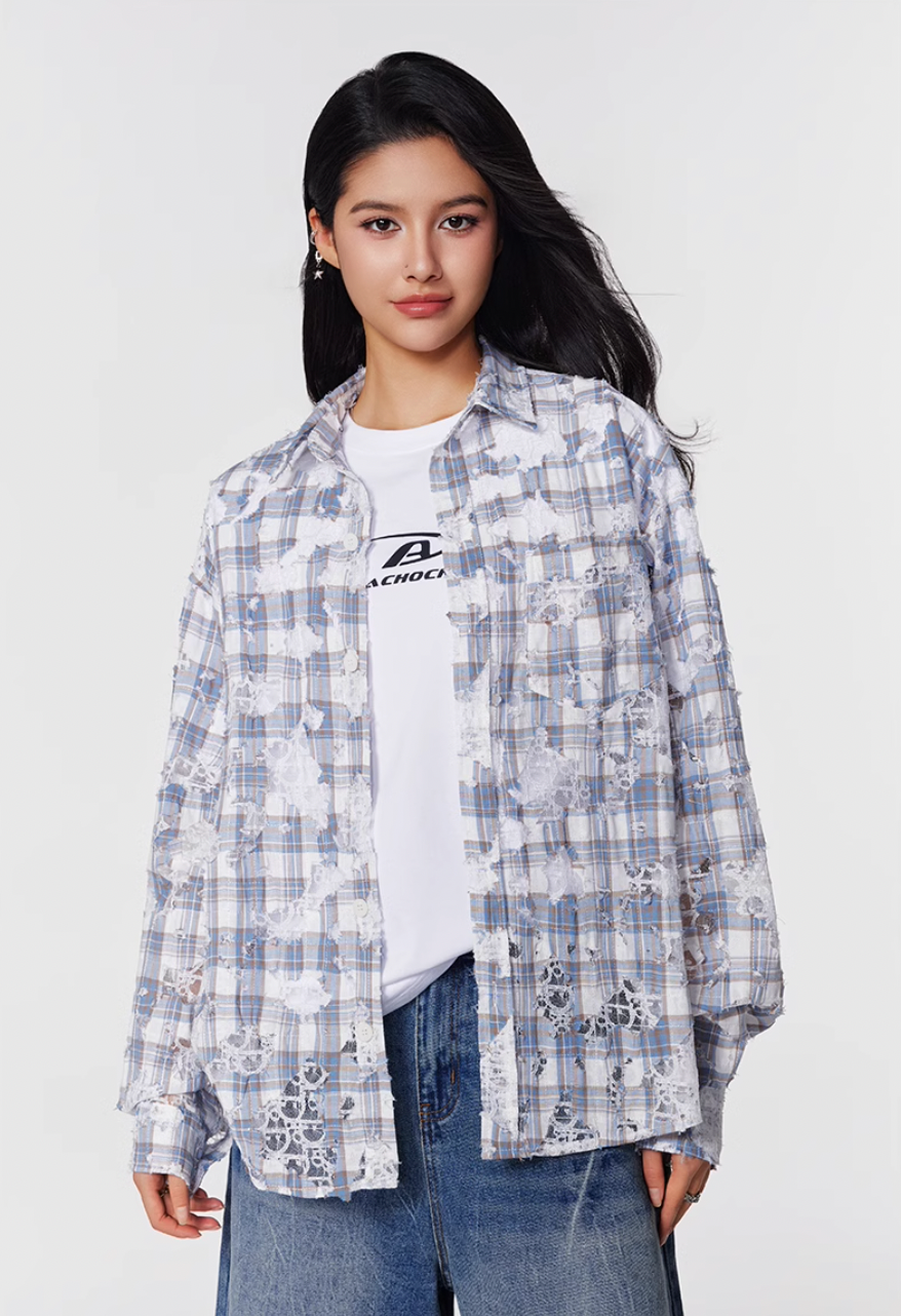 Achock Holes Lace Patches Plaid Long Sleeved Shirt