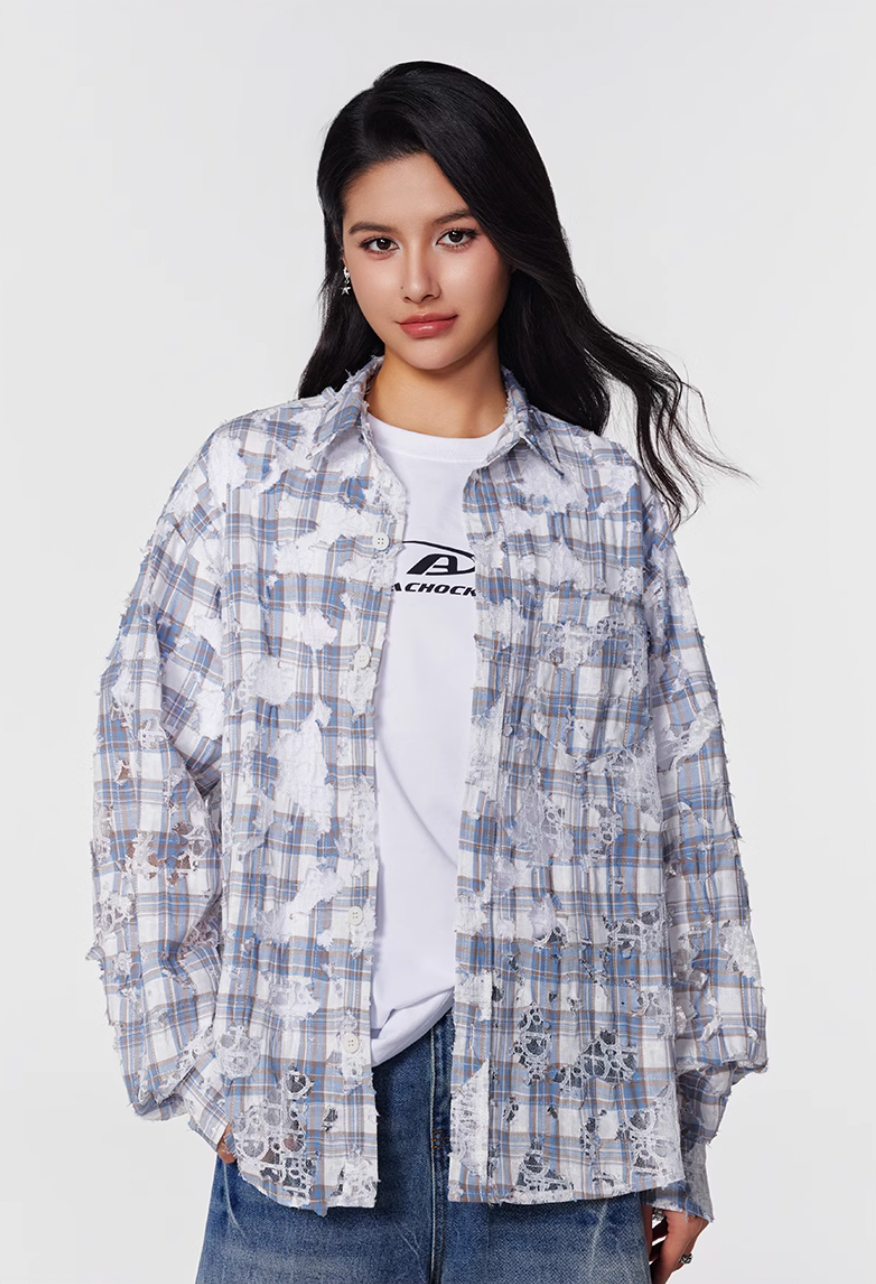 Achock Holes Lace Patches Plaid Long Sleeved Shirt