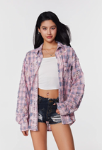 Achock Holes Lace Patches Plaid Long Sleeved Shirt