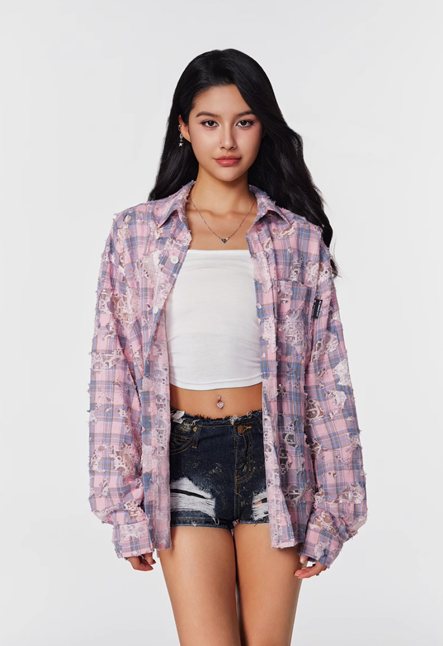 Achock Holes Lace Patches Plaid Long Sleeved Shirt