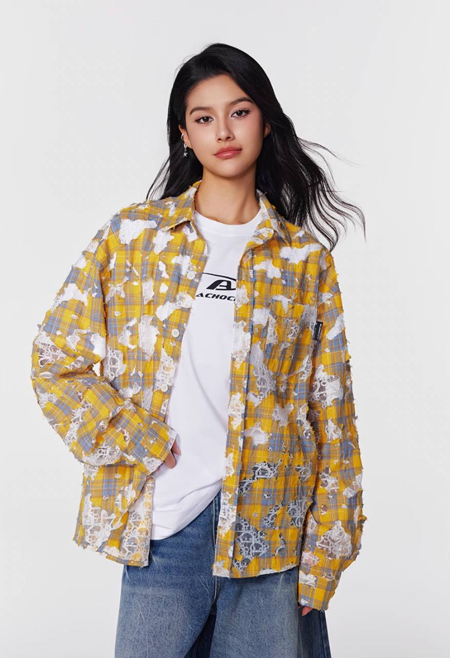 Achock Holes Lace Patches Plaid Long Sleeved Shirt