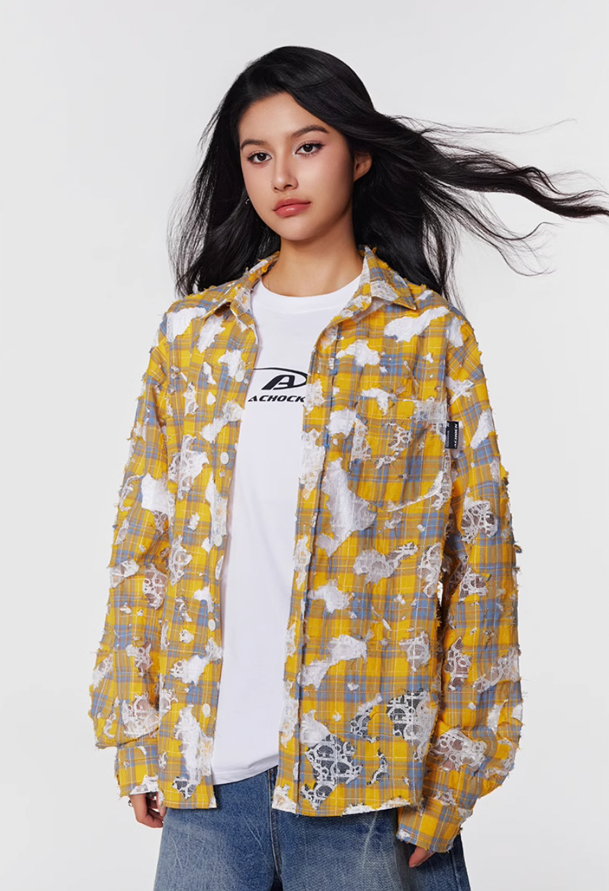 Achock Holes Lace Patches Plaid Long Sleeved Shirt