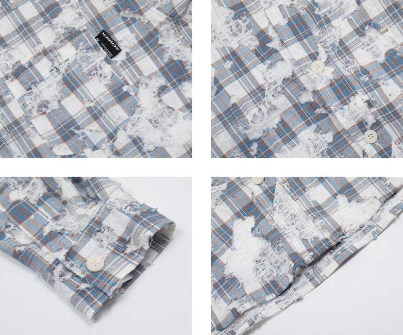 Achock Holes Lace Patches Plaid Long Sleeved Shirt