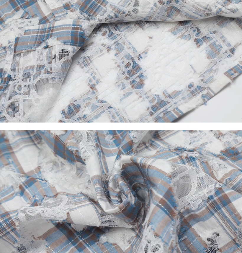 Achock Holes Lace Patches Plaid Long Sleeved Shirt