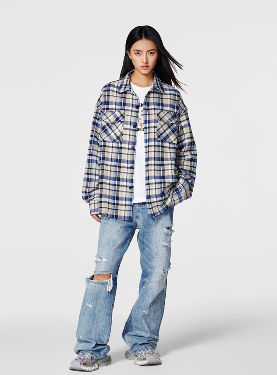 Achock Plaid Fringe Long Sleeved Flannel Shirt