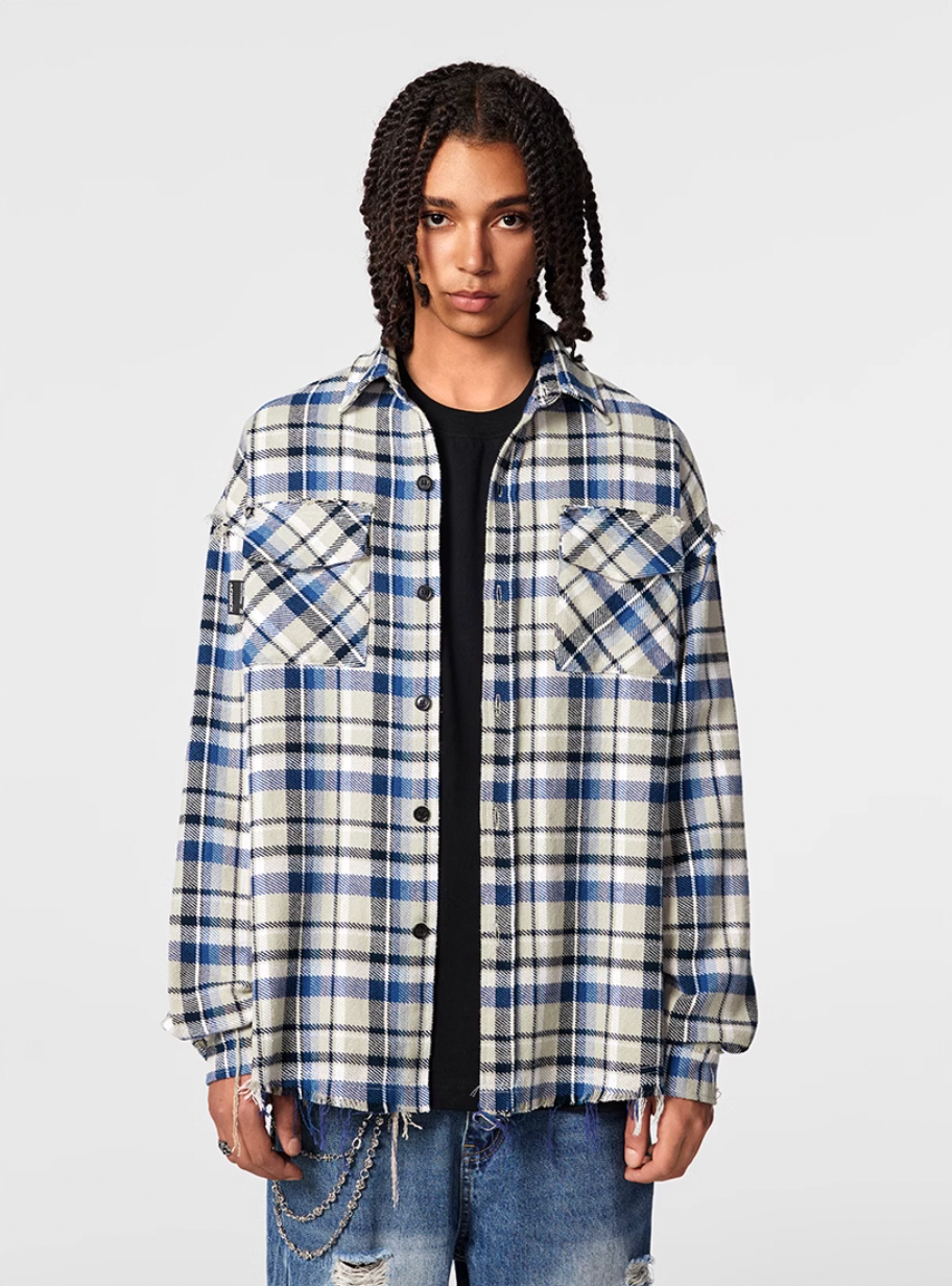 Achock Plaid Fringe Long Sleeved Flannel Shirt
