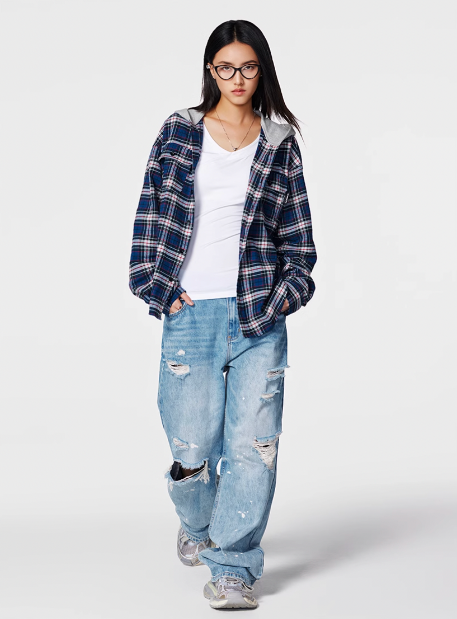 Achock Plaid Hooded Long Sleeved Shirt