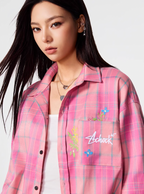 Achock Flower Embroidery Plaid Long Sleeved Shirt
