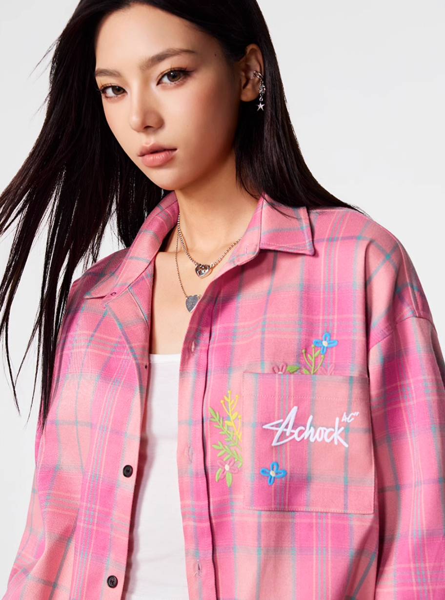 Achock Flower Embroidery Plaid Long Sleeved Shirt