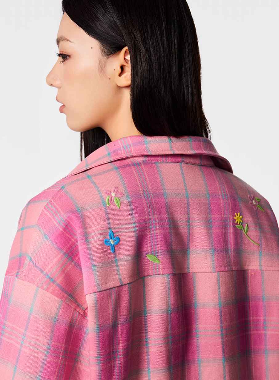 Achock Flower Embroidery Plaid Long Sleeved Shirt