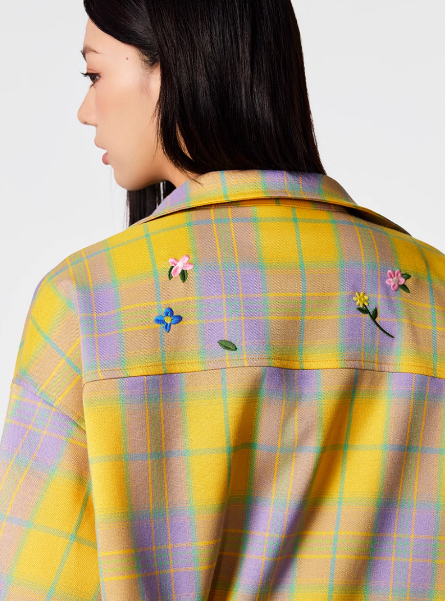 Achock Flower Embroidery Plaid Long Sleeved Shirt