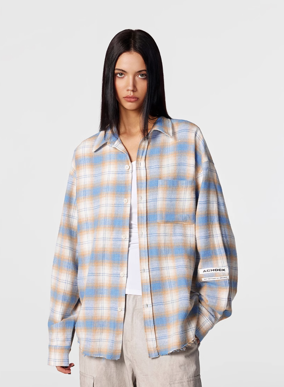 Achock Plaid Raw Hem Long Sleeved Shirt
