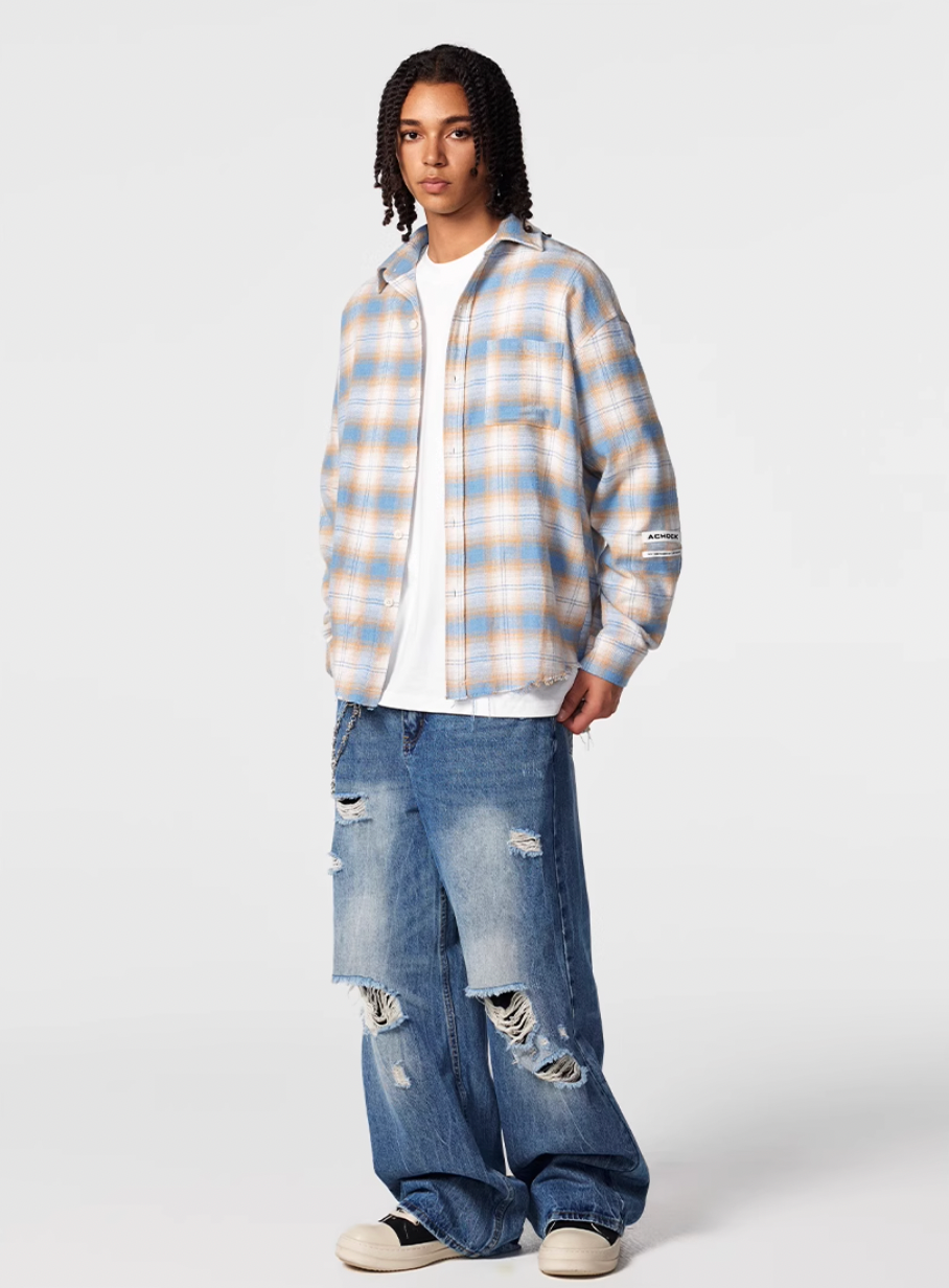 Achock Plaid Raw Hem Long Sleeved Shirt