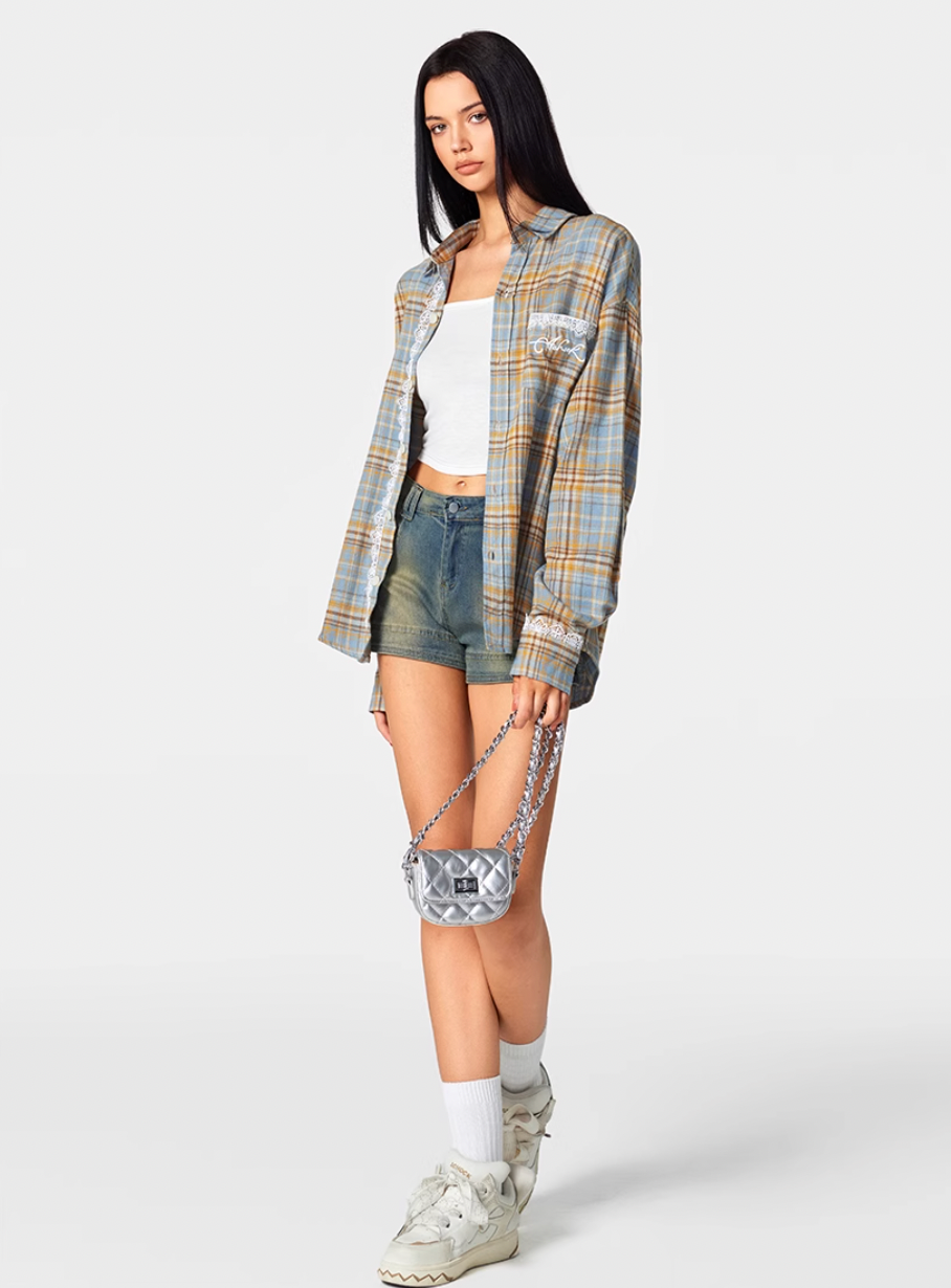 Achock Plaid Lace Long Sleeved Shirt