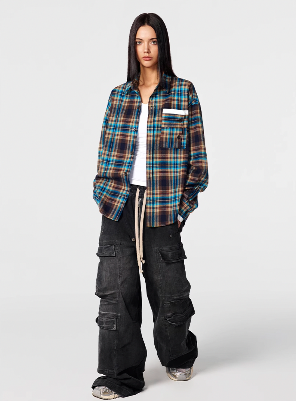 Achock Design Pocket Plaid Long Sleeved Shirt