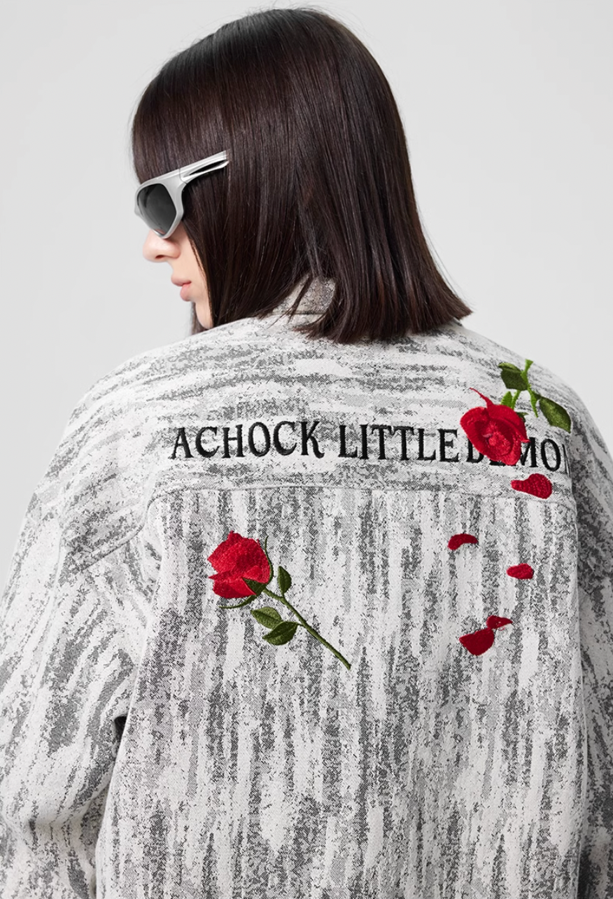 Achock Rose Embroidery Washed Long Sleeved Shirt