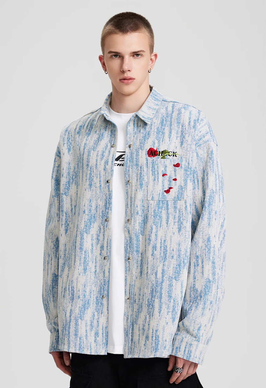 Achock Rose Embroidery Washed Long Sleeved Shirt
