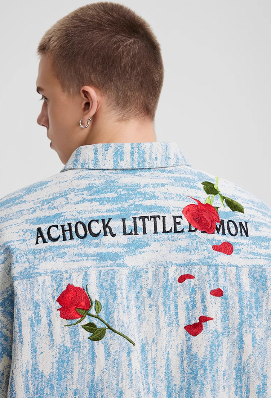 Achock Rose Embroidery Washed Long Sleeved Shirt