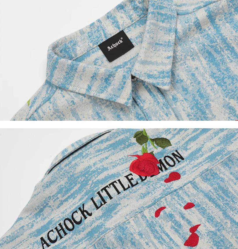 Achock Rose Embroidery Washed Long Sleeved Shirt