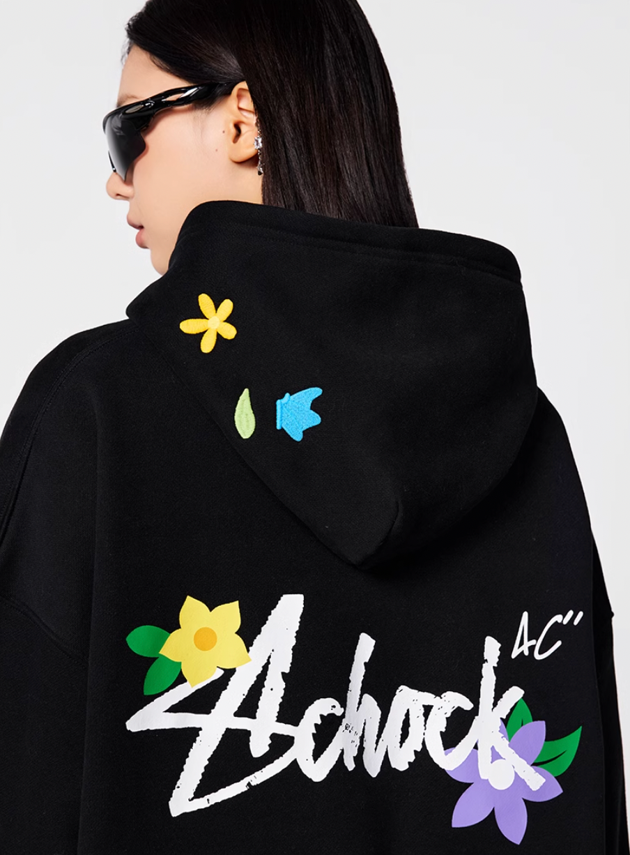 Achock Floral Embroidery Logo Printed Hoodie