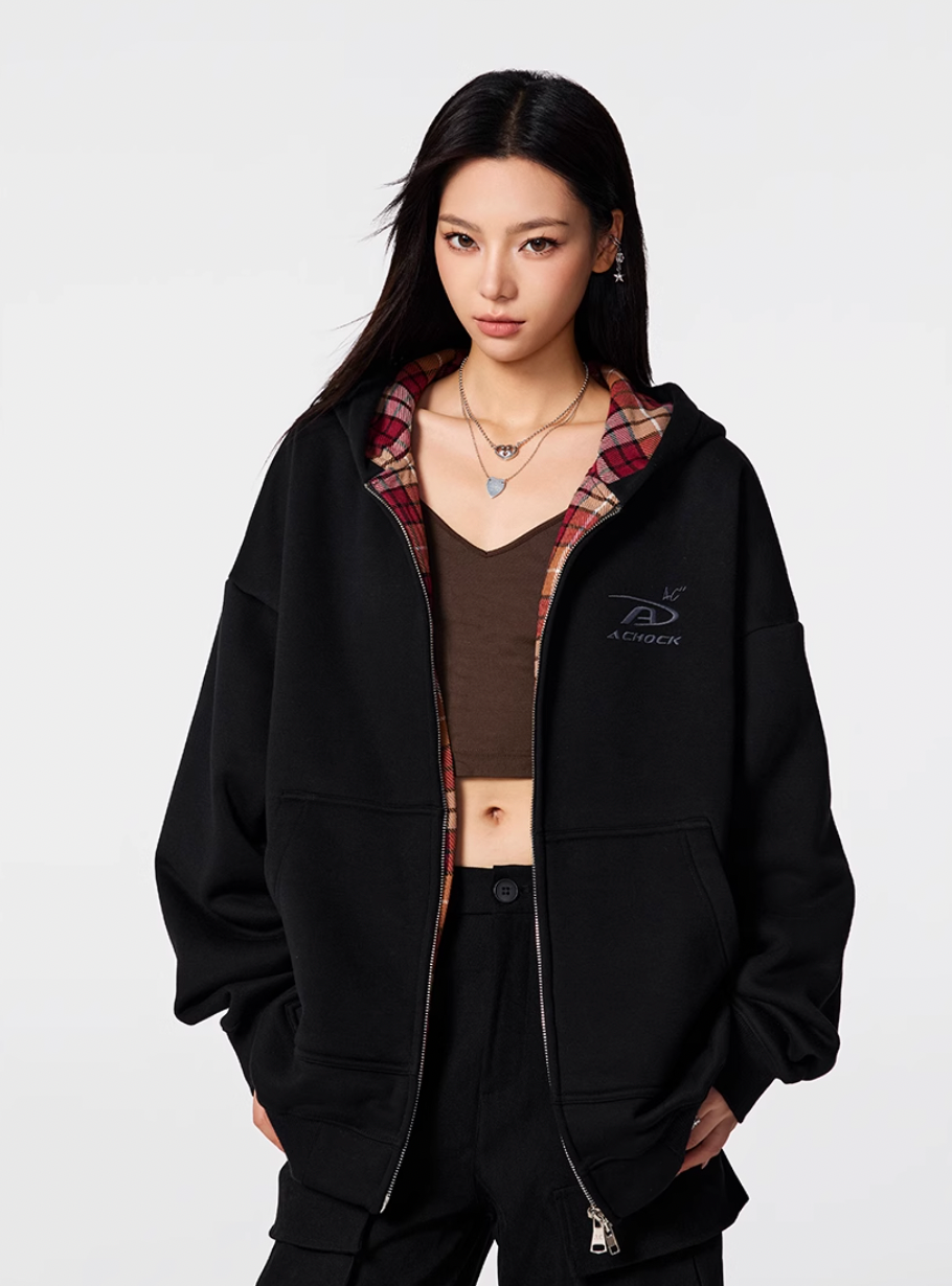 Achock Logo Embroidery Plaid Lining Zip Up Hoodie