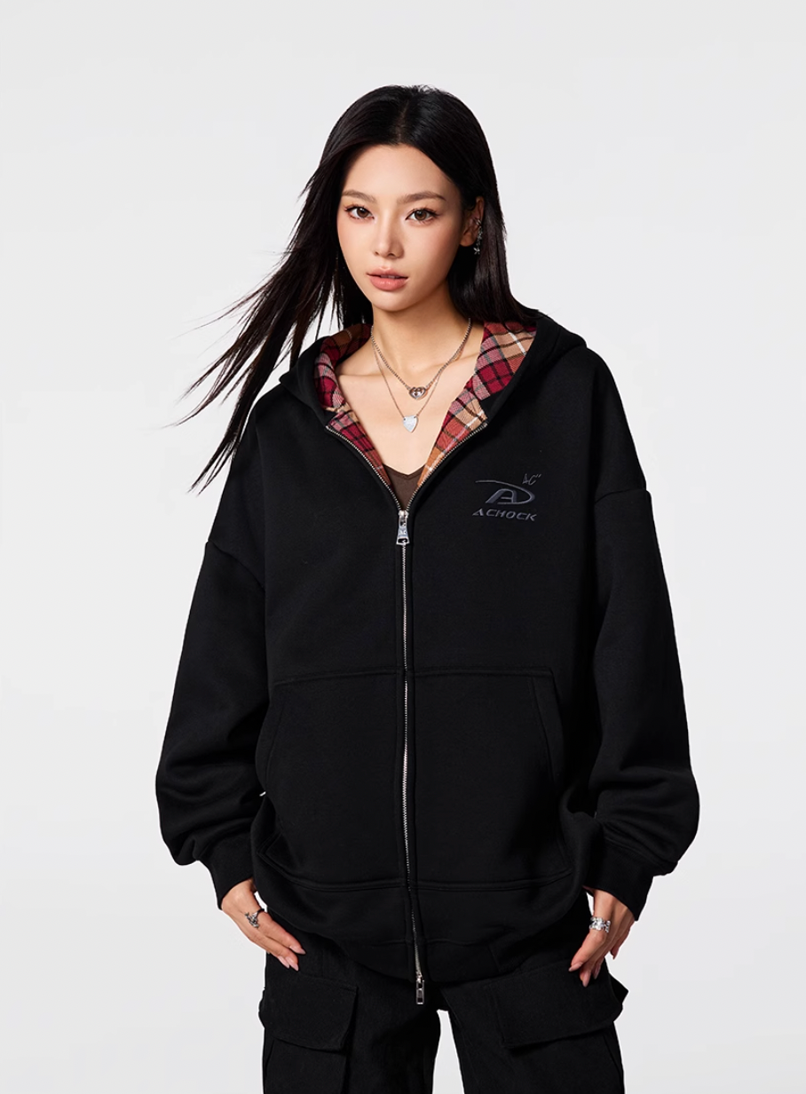 Achock Logo Embroidery Plaid Lining Zip Up Hoodie