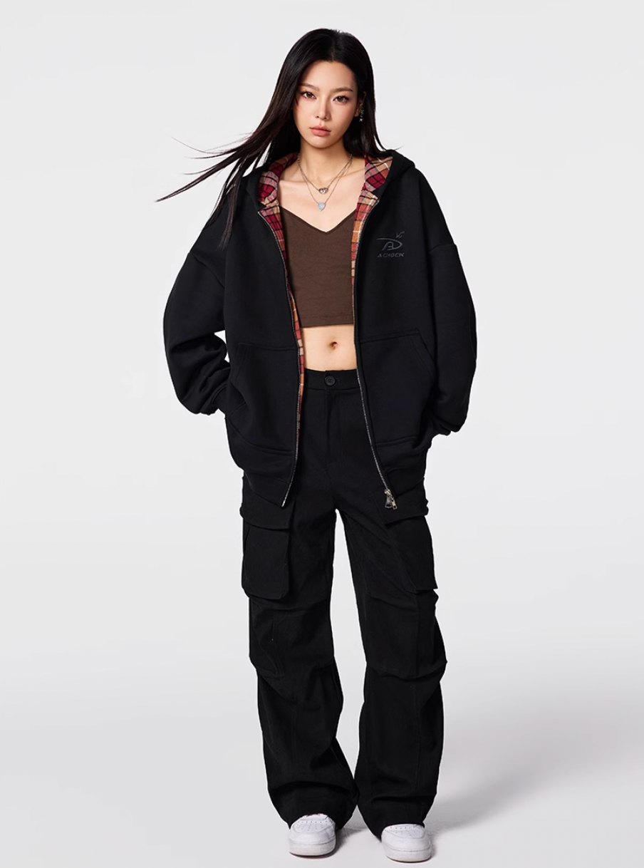 Achock Logo Embroidery Plaid Lining Zip Up Hoodie