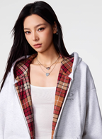 Achock Logo Embroidery Plaid Lining Zip Up Hoodie