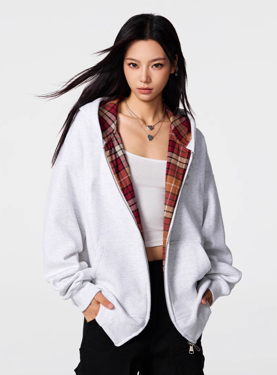 Achock Logo Embroidery Plaid Lining Zip Up Hoodie