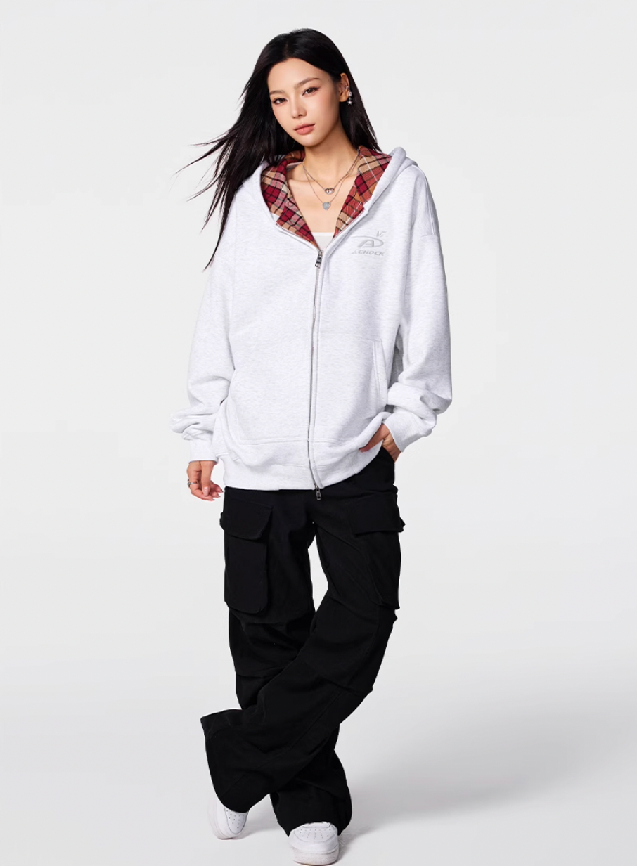 Achock Logo Embroidery Plaid Lining Zip Up Hoodie