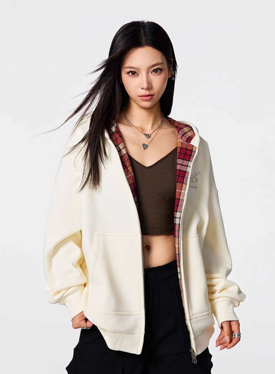 Achock Logo Embroidery Plaid Lining Zip Up Hoodie